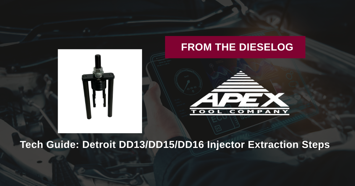 Step-by-step close up layout of heavy-duty Detroit DD15 injector puller tool resting on a cylinder head deck